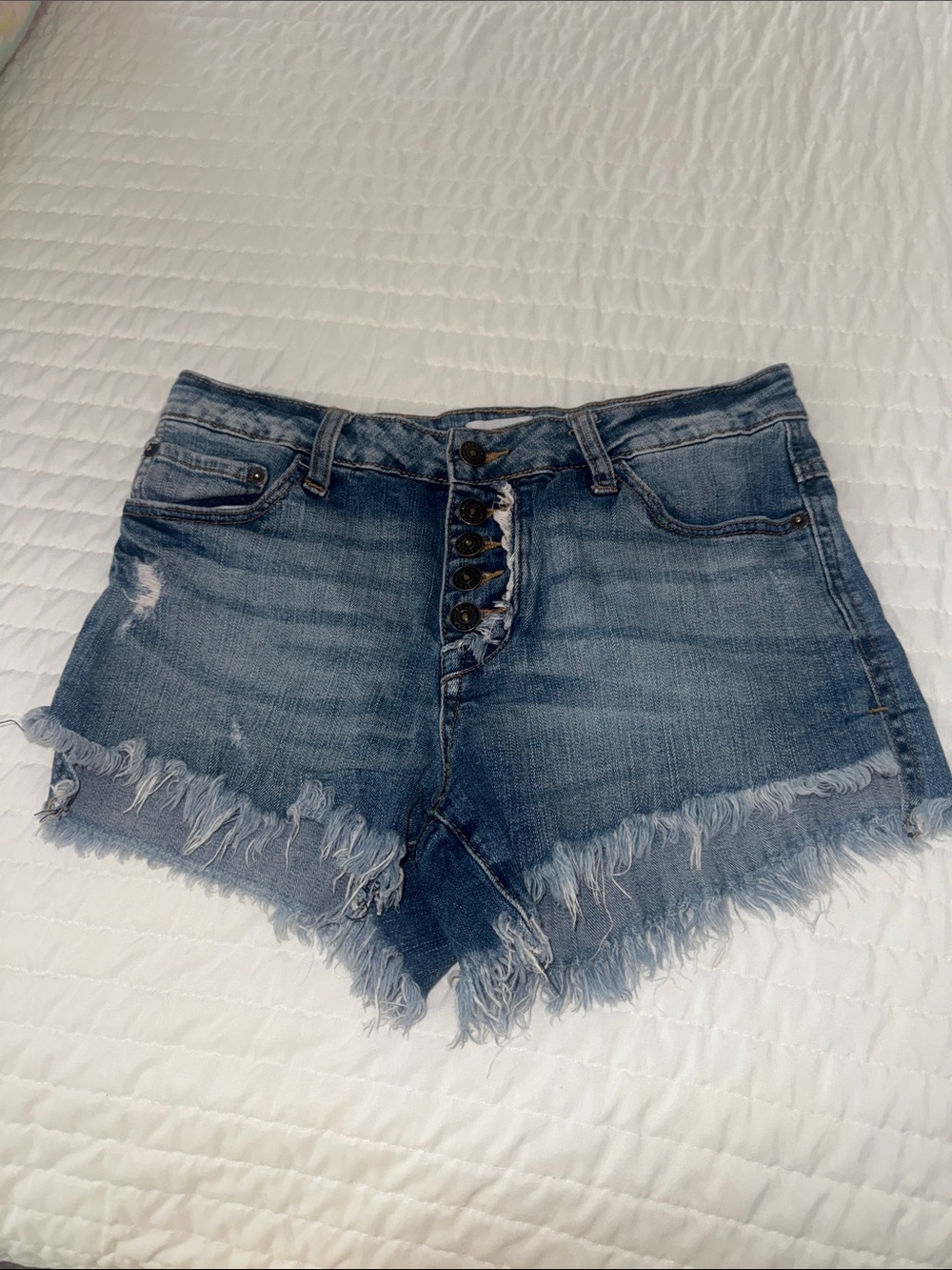 Just USA Distressed Button-Fly Denim Shorts - Blue Wash